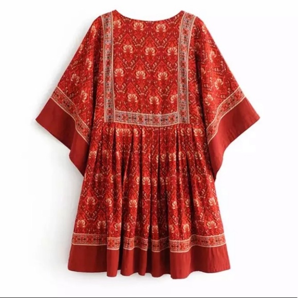 Red Floral Bohemian Gypsy Boho Dress - Picture 6 of 7